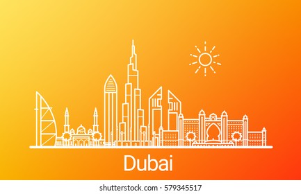 Dubai city white line on colorful background. All Dubai buildings - customizable objects with opacity mask, so you can simple change composition and background. Line art.