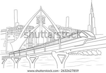 Dubai Cityscape with Metro Train Line Art, Black and white line art illustration capturing the modern skyline of Dubai, United Arab Emirates. Features iconic landmarks like the Burj Khalifa in the