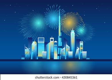 Dubai cityscape with skyscrapers and landmarks and colorful fireworks in the sky vector illustration