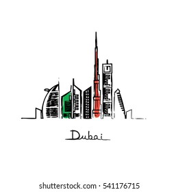 Dubai cityscape with skyscrapers and landmarks flag colors vector illustration