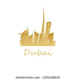 Dubai cityscape with skyscrapers and landmarks vector illustration.  Golden colors.