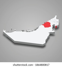 Ubicación del emirato de Dubai dentro del mapa isométrico 3d de los Emiratos Árabes Unidos