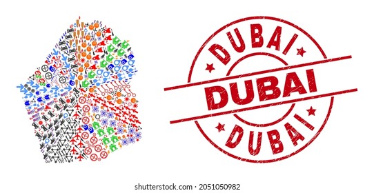 Dubai Emirate map collage and distress Dubai red circle stamp. Dubai badge uses vector lines and arcs. Dubai Emirate map collage contains markers, homes, wrenches, suns, men, and more pictograms.