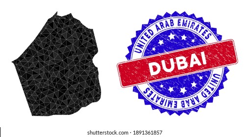 Dubai Emirate map polygonal mesh with filled triangles, and distress bicolor stamp print. Triangle mosaic Dubai Emirate map with mesh vector model, triangles have randomized sizes, and positions,