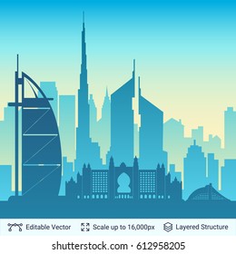 Dubai famous city scape. Flat well known silhouettes. Vector illustration easy to edit.