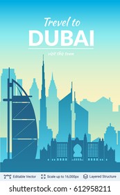 Dubai famous city scape. Flat well known silhouettes. Vector illustration easy to edit.