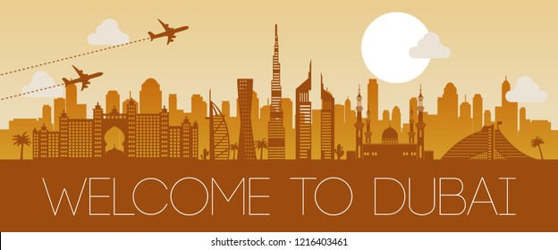 dubai famous landmark orange silhouette design,vector illustration