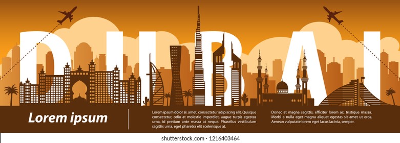 Dubai famous landmark silhouette style,Taiwan text within,travel and tourism,vector illustration