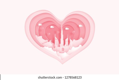 Dubai famous landmarks in love concept with heart shape. Valentine's card and travel advertising for couple. Paper cut style vector illustration.