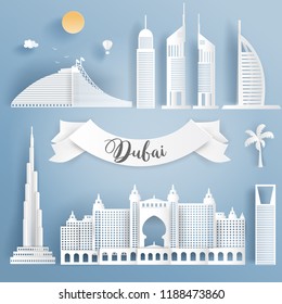 Dubai famous landmarks in paper cut style vector illustration