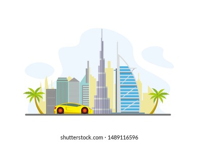 Dubai Famous Landmarks Travel Flat Concept Vector Illustration, Suitable for Background, Banner, Wallpaper, Advertising Illustration