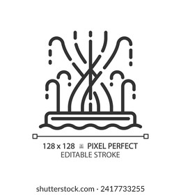 Dubai fountain linear icon. Magnificent choreography. High pressure water activities. Unique arabic attraction. Thin line illustration. Contour symbol. Vector outline drawing. Editable stroke