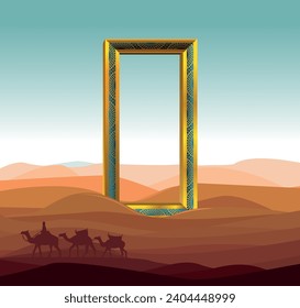 dubai frame in desert. of the world's largest frame made from gold in Dubai