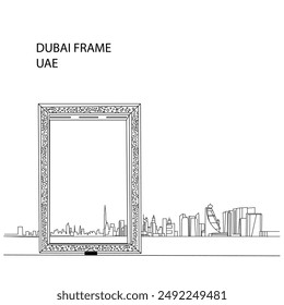 Arte de la línea del marco de Dubai, Emiratos Árabes Unidos. ilustración del rascacielos del edificio skyline en Dubai