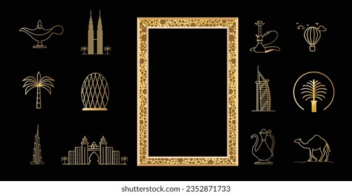 Dubai Gold Line Icon style building in Dubai palm jumeirah vector The dubai fountain jumeirah mosque Atlantis the Palm dubai frame dubai camel illustration