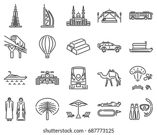 Dubai icons line sets. Adventure desert safari, bus city tour, yacht, hot air balloon, mosque, culture, transportation, beach, diving, camp desert, gold souk, skyline.