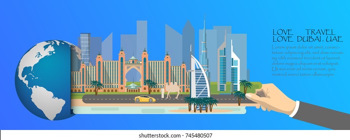 Dubai infographic , global  with landmarks of Dubai ,flat style.Love travel love Dubai.
