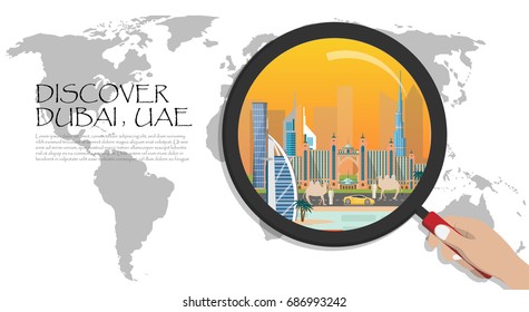  Dubai infographic. United Arab Emirates   infographic. Travel to Dubai presentation template ,World Map with Magnifying Glass,hand holding magnifying glass,Discover Dubai concept.