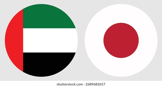 Vetor de bandeira circular de Dubai e Japão com fundo cinza 