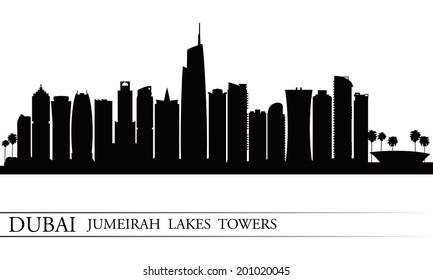Dubai Jumeirah Lakes Towers skyline silhouette background, City illustration 