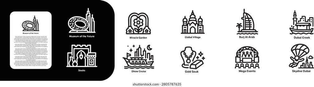 Dubai Landmarks and Activities Icons Set, umeirah Beach, Museum of the Future, Miracle Garden, Global Village, Souks, Dhow Cruise Burj Al Arab, Dubai Creek, Skydive Dubai, Gold Souk, Mega Events