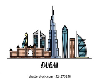 Dubai landscape flat illustration with modern lettering rectangular composition.