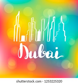 Dubai landscape line art illustration with modern lettering inscription. Vector lettering on blurred lights background.