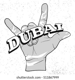 Dubai Lettering on Rock Hand Devil Horn, Art Illustration, Vector Sign