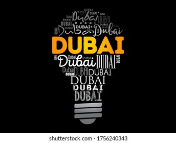Dubai light bulb word cloud, travel concept background