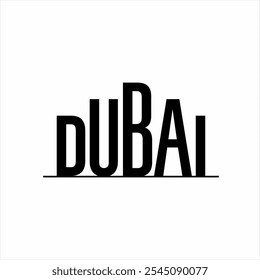 Diseño de texto del logotipo de "Dubai" con concepto de rascacielos.