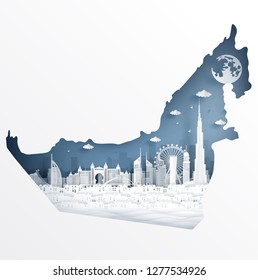 Dubai map concept with famous landmark for travel postcard and poster, brochure, advertising in paper cut style vector illustration.