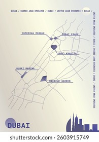 Dubai map, detailed atlas poster with roads, landmarks plan. Vector UAE, United Arab Emirates city scheme layout, vertical graphic design for flyer, leaflet, print, cover