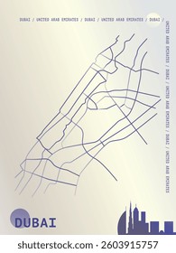 Dubai map, detailed atlas poster with roads, landmarks plan. Vector UAE, United Arab Emirates city scheme layout, vertical graphic design for flyer, leaflet, print, cover