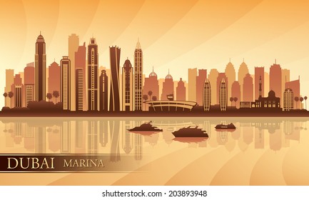 Dubai Marina City skyline silhouette background, vector illustration 