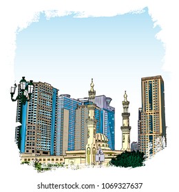 Dubai Marina district Mosque, hand drawn sketch with watercolor splashes and skyscrapers in UAE. Illustration, vector.
