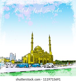 Dubai Marina district Mosque, hand drawn sketch with watercolor splashes and skyscrapers in UAE. Illustration, vector.