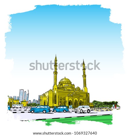 Dubai Marina district Mosque, hand drawn sketch with watercolor splashes and skyscrapers in UAE. Illustration, vector.