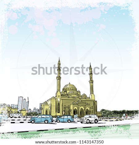 Dubai Marina district Mosque, hand drawn sketch with watercolor splashes and skyscrapers in UAE. Illustration, vector.