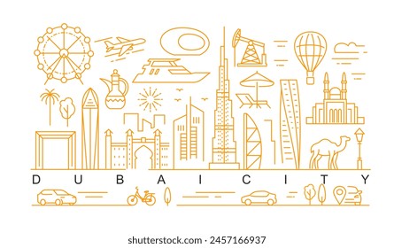 Dubai minimal style City Outline Skyline with Typographic. Vector cityscape with famous landmarks. Illustration for prints on bags, posters, cards.