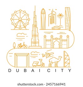 Dubái estilo minimalista Contorno de la ciudad Skyline con tipográfico. Paisaje urbano de Vector con Lugares famosos famosos. Ilustración para impresiones en bolsas, carteles, tarjetas.