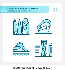 Dubai modern architectural landmarks light blue icons. Uae architecture. World class resort. Five stars hotels. RGB color. Website icons set. Simple design element. Contour drawing. Line illustration
