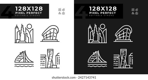 Dubai modern architectural landmarks linear icons set for dark, light mode. Uae architecture. World class resort. Thin line symbols for night, day theme. Isolated illustrations. Editable stroke