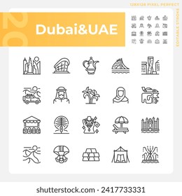 Dubai modern city architecture linear icons set. Vacation trip, resort. Variety of activities, unique landmarks. Customizable thin line symbols. Isolated vector outline illustrations. Editable stroke