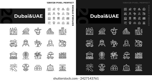 Dubai modern city architecture linear icons set for dark, light mode. Vacation trip, resort. Variety of activities. Thin line symbols for night, day theme. Isolated illustrations. Editable stroke