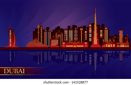 Dubai night city skyline. Vector silhouette illustration