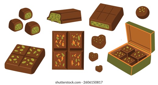 Dubai pistachio chocolate set. Luxury sweets collection. Premium handmade dessert in minimalist flat style. Rich Arabian confectionery inspired by Dubai flavors. Vector illustration.