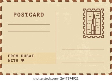 Do modelo de cartão postal de Dubai. Vetor grungy vintage estilo ilustração postal com selo, monumento, marco, mensagem. Layout de imagem simples de saudações simples