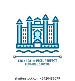 Dubai resort complex light blue icon. Skyscrapers luxury tourism. Magnificent royal landmark. RGB color sign. Simple design. Web symbol. Contour line. Flat illustration. Isolated object