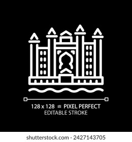 Dubai resort complex white linear icon for dark theme. Skyscrapers luxury tourism. Magnificent landmark. Uae hotel seaside. Thin line illustration. Isolated symbol for night mode. Editable stroke