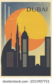 Cartel retro de la ciudad de Dubai con Formas abstractas de horizonte, edificios. EAU, Emiratos Árabes Unidos Ilustración vectorial de viaje vintage, paisaje urbano al amanecer, puesta del sol